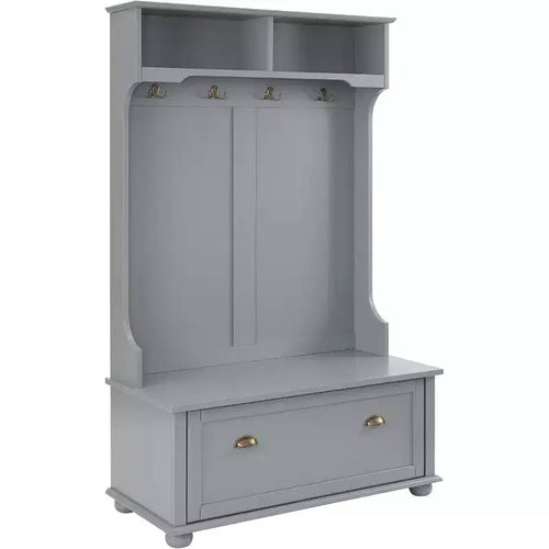 Acekool Gray Metal Hall Tree with Bench, Entryway Coat Rack Hooks & Open Storage Shelves, Compact Organizer for Entry