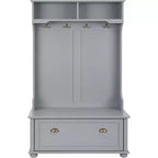 Acekool Gray Metal Hall Tree with Bench, Entryway Coat Rack Hooks & Open Storage Shelves, Compact Organizer for Entry
