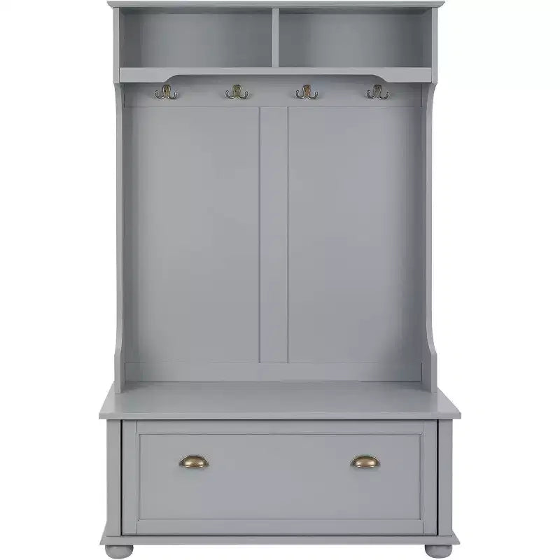 Acekool Gray Metal Hall Tree with Bench, Entryway Coat Rack Hooks & Open Storage Shelves, Compact Organizer for Entry