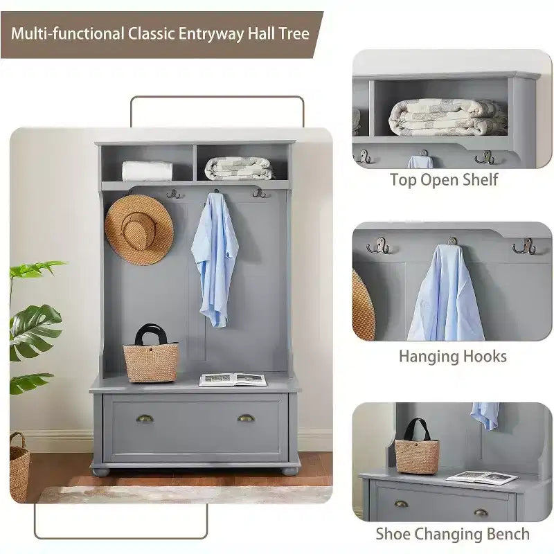 Acekool Gray Metal Hall Tree with Bench, Entryway Coat Rack Hooks & Open Storage Shelves, Compact Organizer for Entry