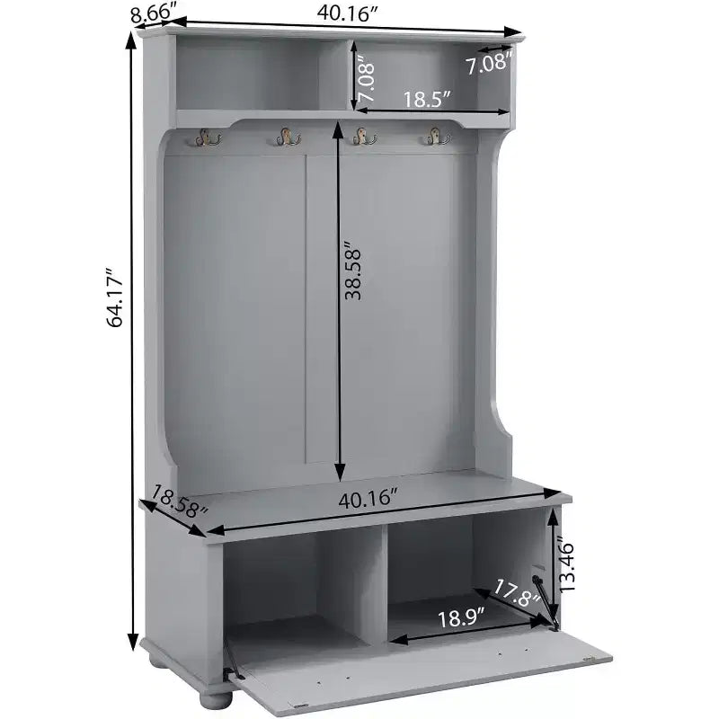 Acekool Gray Metal Hall Tree with Bench, Entryway Coat Rack Hooks & Open Storage Shelves, Compact Organizer for Entry
