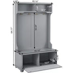Acekool Gray Metal Hall Tree with Bench, Entryway Coat Rack Hooks & Open Storage Shelves, Compact Organizer for Entry