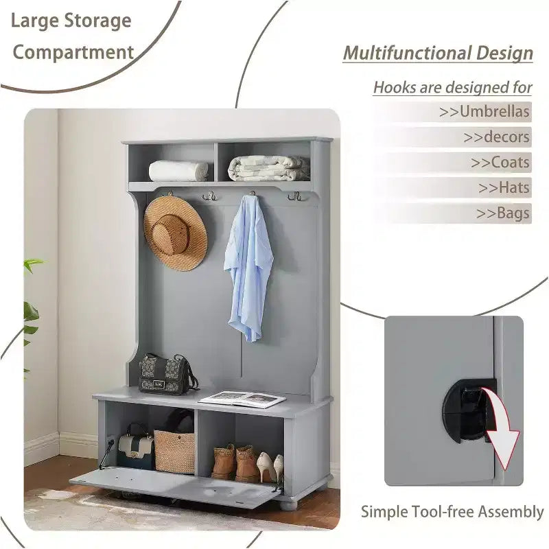 Acekool Gray Metal Hall Tree with Bench, Entryway Coat Rack Hooks & Open Storage Shelves, Compact Organizer for Entry