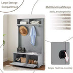 Acekool Gray Metal Hall Tree with Bench, Entryway Coat Rack Hooks & Open Storage Shelves, Compact Organizer for Entry