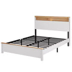 All-Wood Rustic Farmhouse Bed Frame with Storage Headboard and Built-In USB Charging Station, Easy Assembly, Classic White