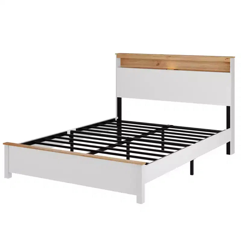 All-Wood Rustic Farmhouse Bed Frame with Storage Headboard and Built-In USB Charging Station, Easy Assembly, Classic White
