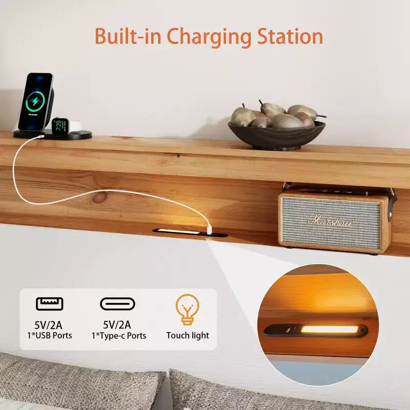 All-Wood Rustic Farmhouse Bed Frame with Storage Headboard and Built-In USB Charging Station, Easy Assembly, Classic White
