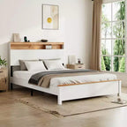 All-Wood Rustic Farmhouse Bed Frame with Storage Headboard and Built-In USB Charging Station, Easy Assembly, Classic White