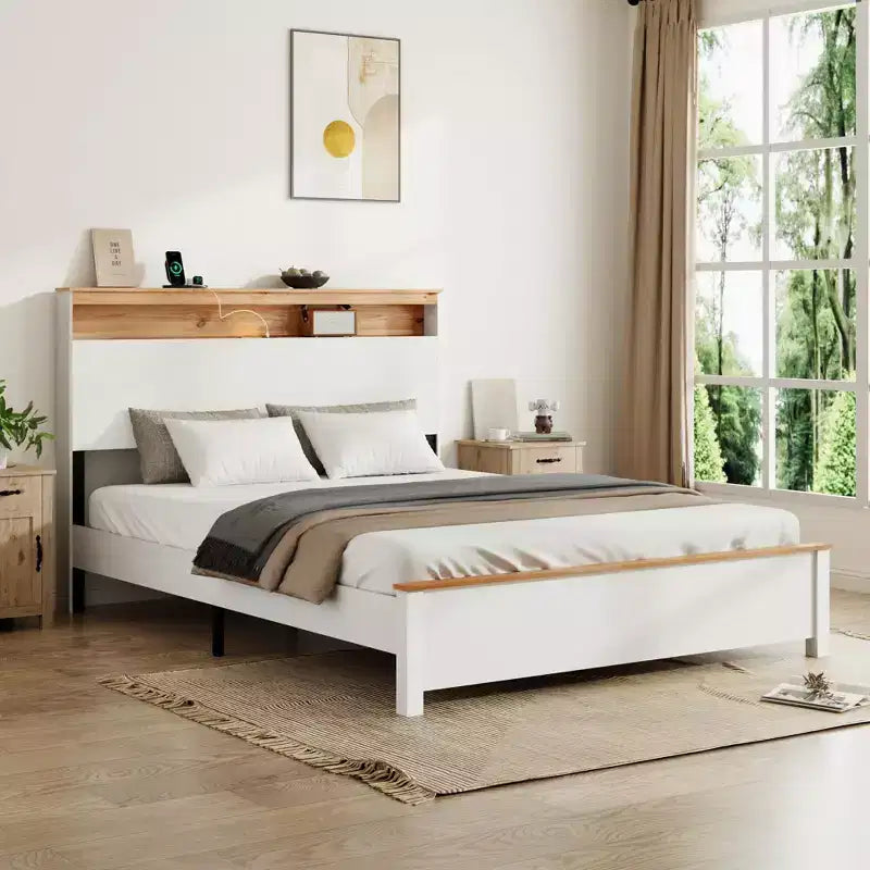 All-Wood Rustic Farmhouse Bed Frame with Storage Headboard and Built-In USB Charging Station, Easy Assembly, Classic White
