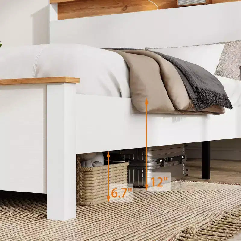 All-Wood Rustic Farmhouse Bed Frame with Storage Headboard and Built-In USB Charging Station, Easy Assembly, Classic White