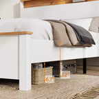 All-Wood Rustic Farmhouse Bed Frame with Storage Headboard and Built-In USB Charging Station, Easy Assembly, Classic White