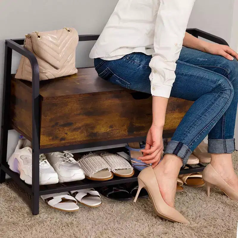 Entryway Bench, 33 Retro Wooden Shoe Bench with Storage Box, Shoe Organizer Rack for Entryway, Bedroom, Hallway, Supports 240 lb