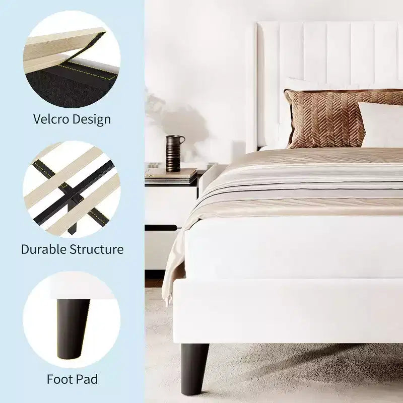 Acekool Bed Frame with Wingback Headboard, Upholstered Platform Bed, Vertical Channel Tufted, Wood Slats Support, No Box Spring Needed, White