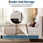 Acekool Bed Frame with Wingback Headboard, Upholstered Platform Bed, Vertical Channel Tufted, Wood Slats Support, No Box Spring Needed, White