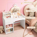 Acekool Kids Vanity Set with LED Lighted Mirror, 2-in-1 Princess Vanity Table and Chair with Bookshelf, Storage Cabinet & Shelves for Girls