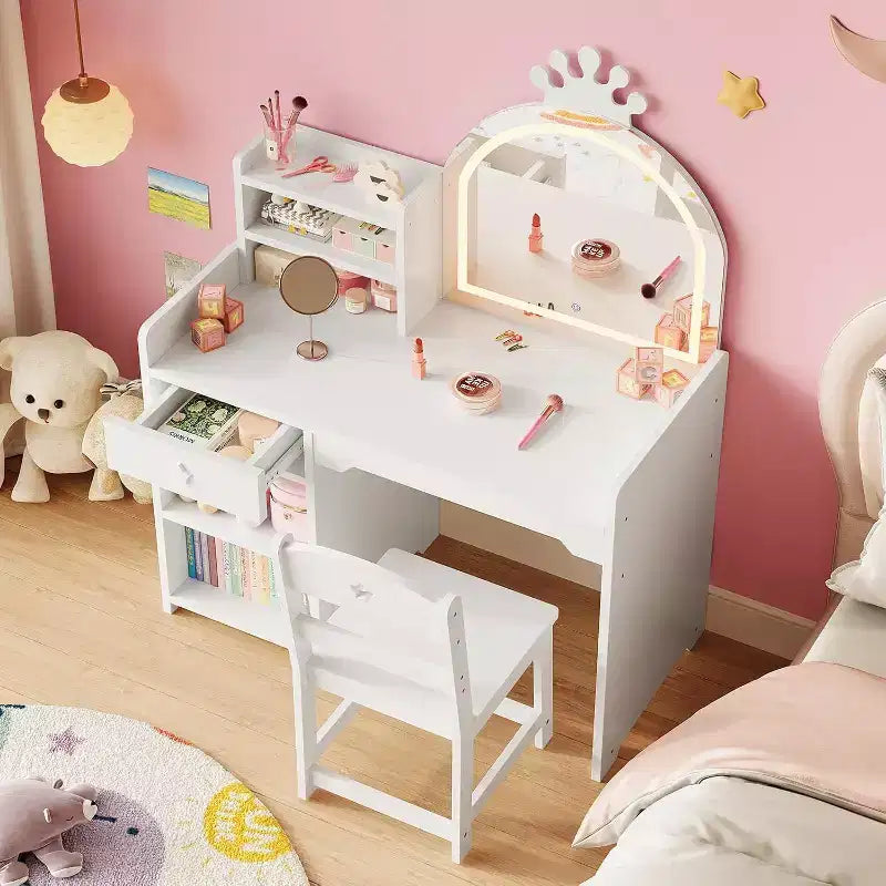 Acekool Kids Vanity Set with LED Lighted Mirror, 2-in-1 Princess Vanity Table and Chair with Bookshelf, Storage Cabinet & Shelves for Girls