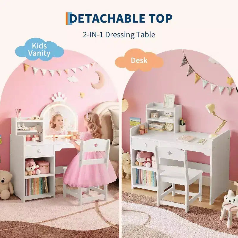 Acekool Kids Vanity Set with LED Lighted Mirror, 2-in-1 Princess Vanity Table and Chair with Bookshelf, Storage Cabinet & Shelves for Girls