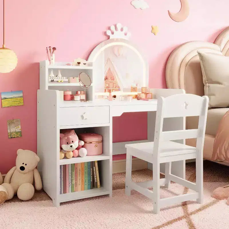 Acekool Kids Vanity Set with LED Lighted Mirror, 2-in-1 Princess Vanity Table and Chair with Bookshelf, Storage Cabinet & Shelves for Girls