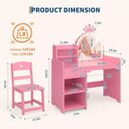 Acekool Kids Vanity Set with LED Lighted Mirror, 2-in-1 Princess Vanity Table and Chair with Bookshelf, Storage Cabinet & Shelves for Girls