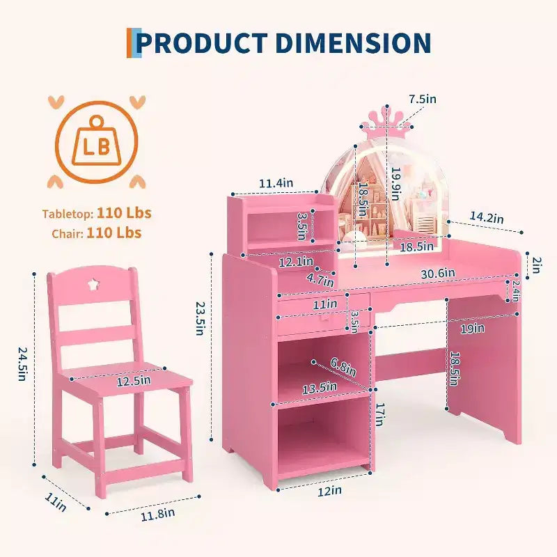 Acekool Kids Vanity Set with LED Lighted Mirror, 2-in-1 Princess Vanity Table and Chair with Bookshelf, Storage Cabinet & Shelves for Girls