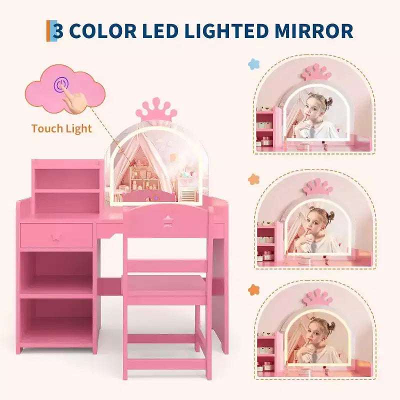 Acekool Kids Vanity Set with LED Lighted Mirror, 2-in-1 Princess Vanity Table and Chair with Bookshelf, Storage Cabinet & Shelves for Girls