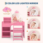 Acekool Kids Vanity Set with LED Lighted Mirror, 2-in-1 Princess Vanity Table and Chair with Bookshelf, Storage Cabinet & Shelves for Girls