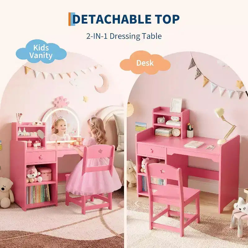 Acekool Kids Vanity Set with LED Lighted Mirror, 2-in-1 Princess Vanity Table and Chair with Bookshelf, Storage Cabinet & Shelves for Girls