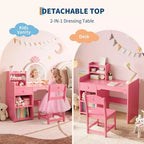 Acekool Kids Vanity Set with LED Lighted Mirror, 2-in-1 Princess Vanity Table and Chair with Bookshelf, Storage Cabinet & Shelves for Girls
