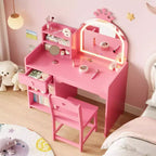 Acekool Kids Vanity Set with LED Lighted Mirror, 2-in-1 Princess Vanity Table and Chair with Bookshelf, Storage Cabinet & Shelves for Girls