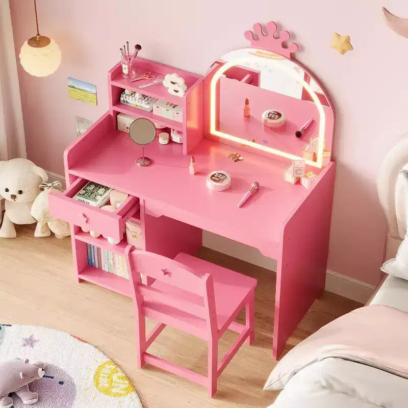 Acekool Kids Vanity Set with LED Lighted Mirror, 2-in-1 Princess Vanity Table and Chair with Bookshelf, Storage Cabinet & Shelves for Girls