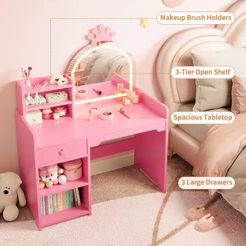Acekool Kids Vanity Set with LED Lighted Mirror, 2-in-1 Princess Vanity Table and Chair with Bookshelf, Storage Cabinet & Shelves for Girls