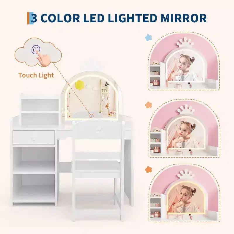 Acekool Kids Vanity Set with LED Lighted Mirror, 2-in-1 Princess Vanity Table and Chair with Bookshelf, Storage Cabinet & Shelves for Girls