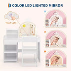 Acekool Kids Vanity Set with LED Lighted Mirror, 2-in-1 Princess Vanity Table and Chair with Bookshelf, Storage Cabinet & Shelves for Girls
