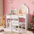 Acekool Kids Vanity Set with LED Lighted Mirror, 2-in-1 Princess Vanity Table and Chair with Bookshelf, Storage Cabinet & Shelves for Girls