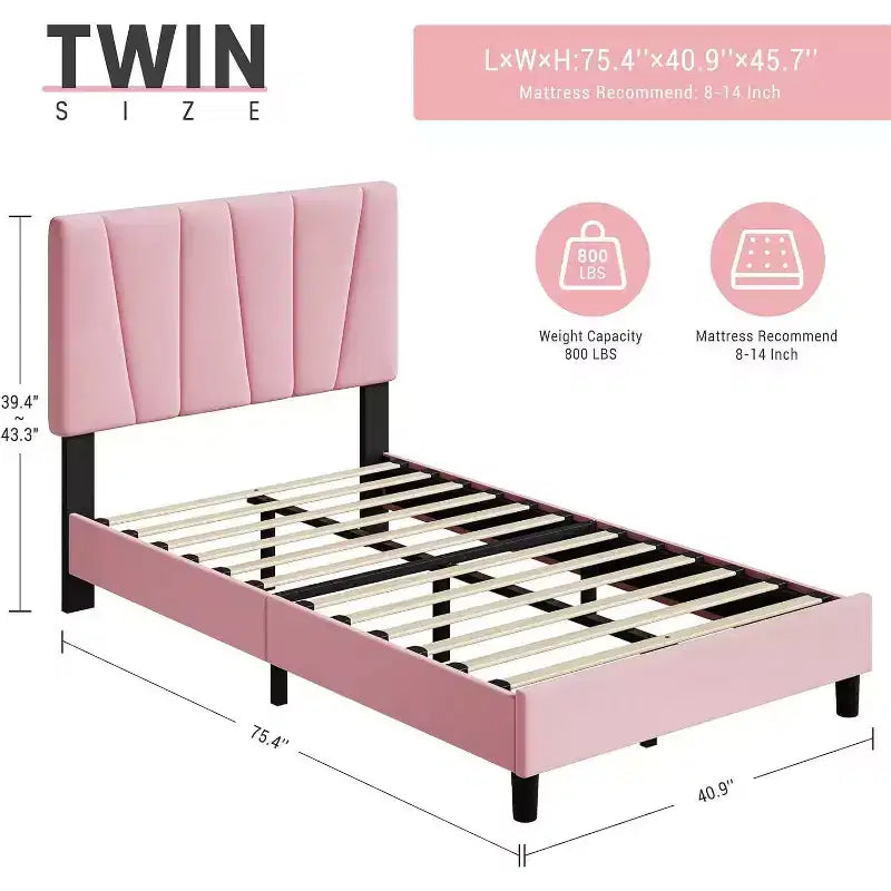 Acekool Adjustable Headboard Upholstered Twin Bed Frame, Linen, Platform Bed, Wooden Slats, Modern Low Profile