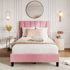 Acekool Adjustable Headboard Upholstered Twin Bed Frame, Linen, Platform Bed, Wooden Slats, Modern Low Profile