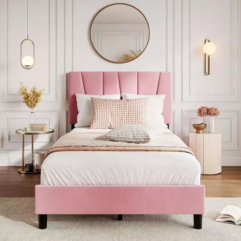 Acekool Adjustable Headboard Upholstered Twin Bed Frame, Linen, Platform Bed, Wooden Slats, Modern Low Profile