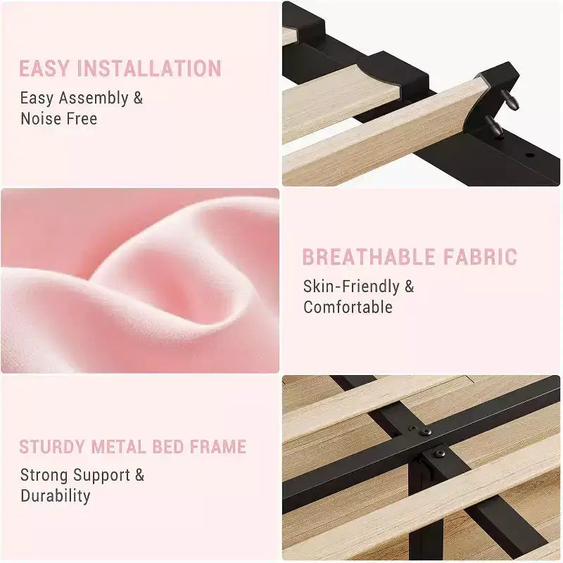 Acekool Adjustable Headboard Upholstered Twin Bed Frame, Linen, Platform Bed, Wooden Slats, Modern Low Profile