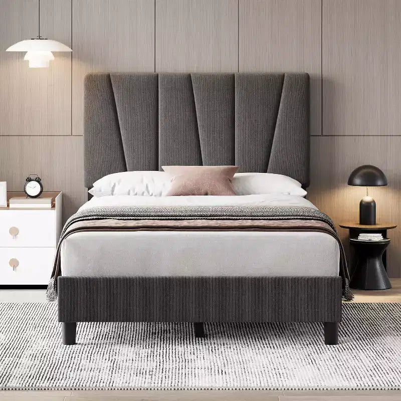 Acekool Adjustable Headboard Upholstered Twin Bed Frame, Linen, Platform Bed, Wooden Slats, Modern Low Profile