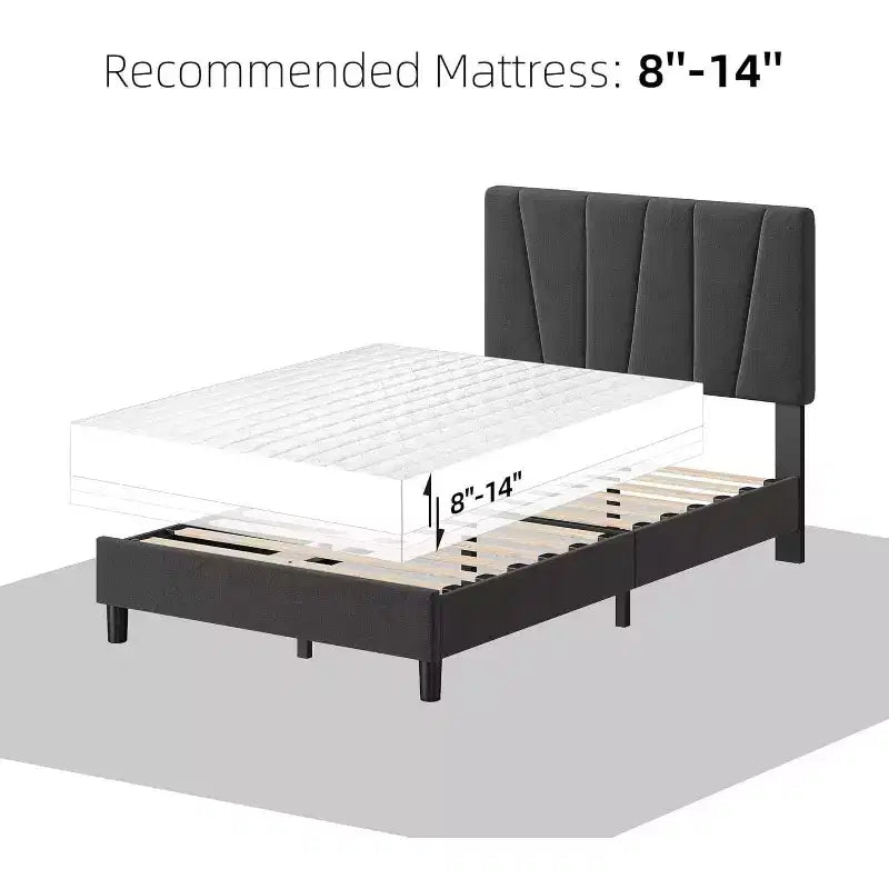 Acekool Adjustable Headboard Upholstered Twin Bed Frame, Linen, Platform Bed, Wooden Slats, Modern Low Profile