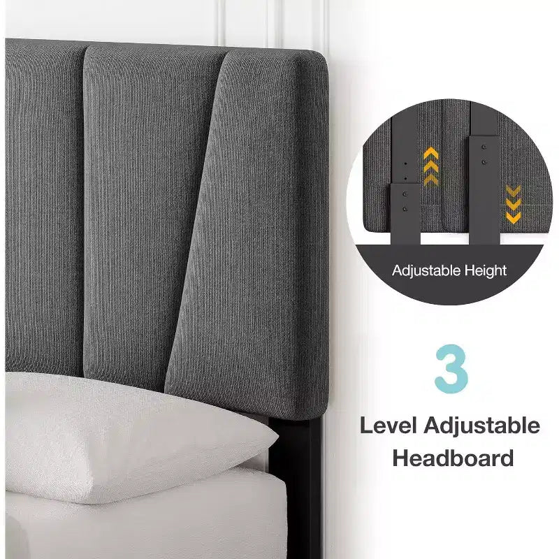 Acekool Adjustable Headboard Upholstered Twin Bed Frame, Linen, Platform Bed, Wooden Slats, Modern Low Profile