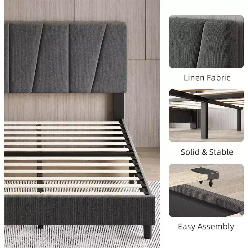 Acekool Adjustable Headboard Upholstered Twin Bed Frame, Linen, Platform Bed, Wooden Slats, Modern Low Profile
