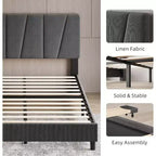 Acekool Adjustable Headboard Upholstered Twin Bed Frame, Linen, Platform Bed, Wooden Slats, Modern Low Profile