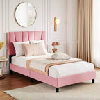 Acekool Adjustable Headboard Upholstered Twin Bed Frame, Linen, Platform Bed, Wooden Slats, Modern Low Profile
