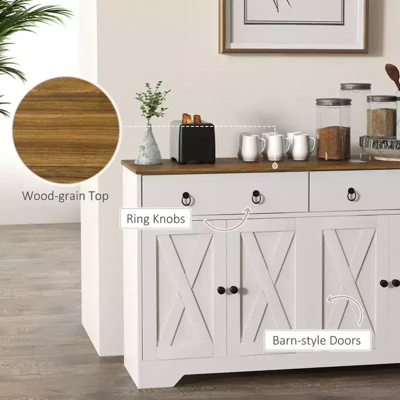 Okak Farmhouse Sideboard Cabinet, Buffet Cabinet with 4 Doors and 2 Drawers, Storage Cabinet for Living Room, Dining Room, Kitchen, White