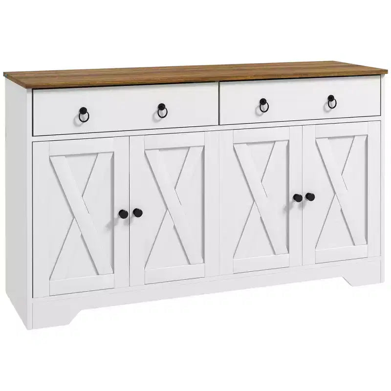 Okak Farmhouse Sideboard Cabinet, Buffet Cabinet with 4 Doors and 2 Drawers, Storage Cabinet for Living Room, Dining Room, Kitchen, White