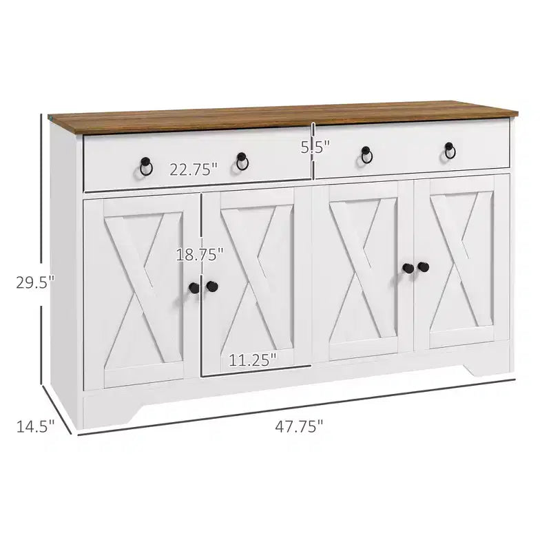 Okak Farmhouse Sideboard Cabinet, Buffet Cabinet with 4 Doors and 2 Drawers, Storage Cabinet for Living Room, Dining Room, Kitchen, White