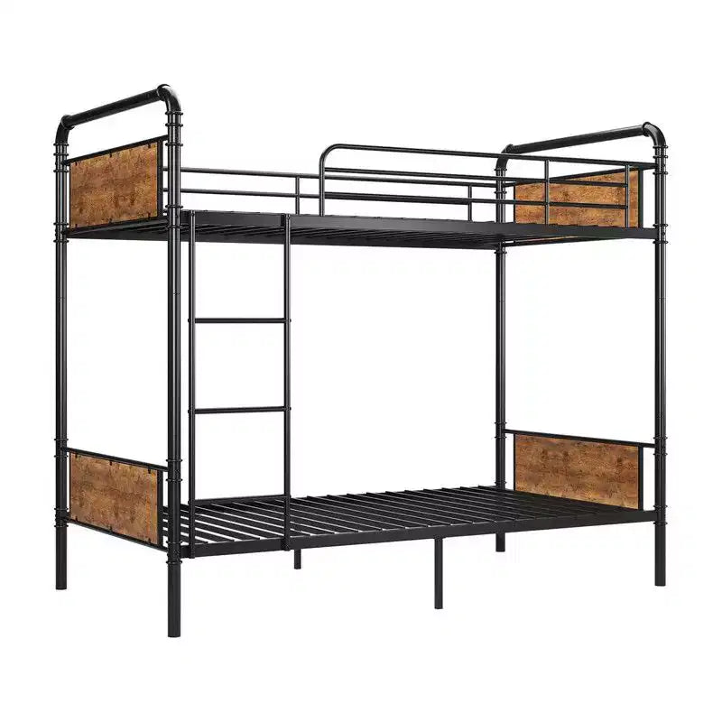 Coolmee Twin Over Twin Bunk Bed, Metal Bunk Beds with Safety Guardrails and Built-in Ladder, Convertible into 2 Bed Frame for Kids Teens