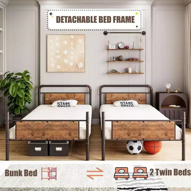 Coolmee Twin Over Twin Bunk Bed, Metal Bunk Beds with Safety Guardrails and Built-in Ladder, Convertible into 2 Bed Frame for Kids Teens