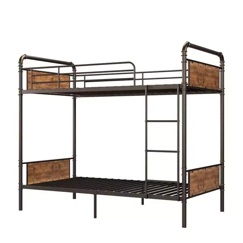 Coolmee Twin Over Twin Bunk Bed, Metal Bunk Beds with Safety Guardrails and Built-in Ladder, Convertible into 2 Bed Frame for Kids Teens